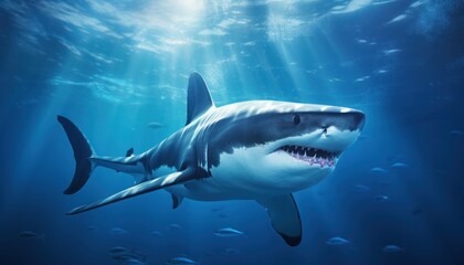 Obraz premium Great white shark in the ocean, portrait of White shark hunting prey in the underwater
