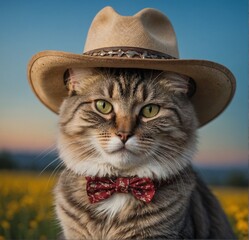 cat wearing a cowboy hat and yellow flower background
