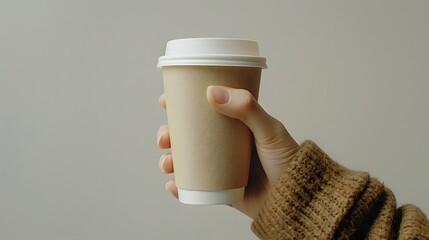 a hand holding a coffee cup on a white background
