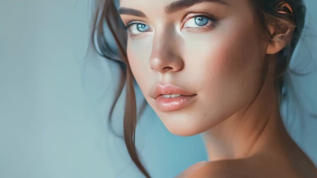 Portrait of beautiful young woman with clean fresh skin, natural make up and manicure.