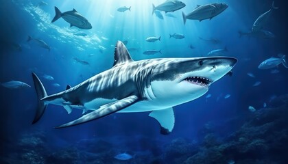 Fototapeta premium Great white shark in the ocean, portrait of White shark hunting prey in the underwater