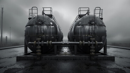 Naklejka premium create two large gasoline tanks, black and white style, connected with a pipe,generative ai