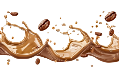 Coffee milk liquid swirl splash and little bubbles with falling coffee Beans isolated on transparent png background