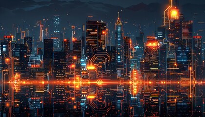 Fototapeta premium A creative image of a cityscape at night, illuminated by circuits and LEDs integrated into the architecture