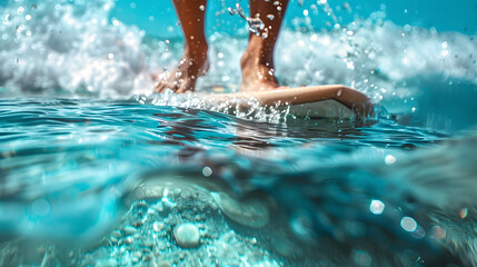 Close-up of a sport man's legs on a surfboard Surfing on the surface of the Wave in the clear blue ocean water, Sunny Day in Summer: Action Sport Concept