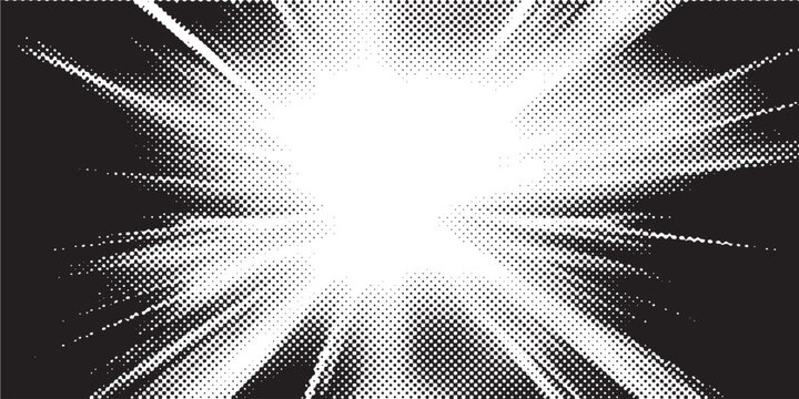 Halftone dots lightning explosion pop art comic background. Vector Illustration