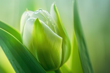 Obraz premium Soft focus macro shot of a green tulip petal with a single dewdrop, emphasizing the delicate texture.