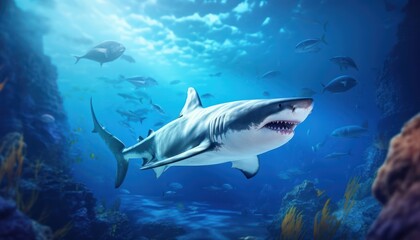 Fototapeta premium Great white shark in the ocean, portrait of White shark hunting prey in the underwater
