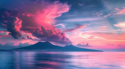 Naples city and Gulf of Naples, Italy. Vesuvius volcano with pink clouds at sunset.