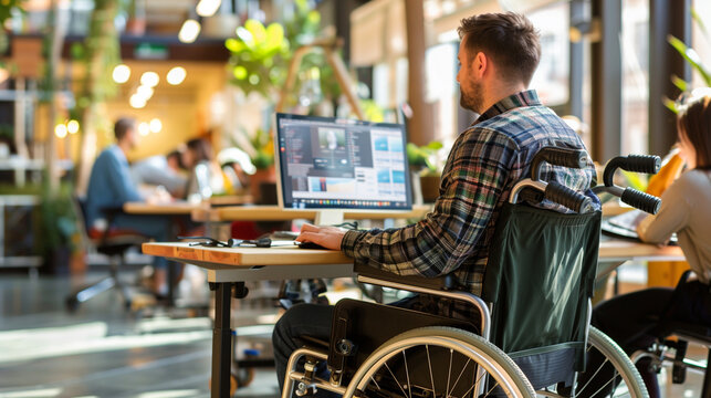 personne handicap&eacute;e en fauteuil roulant travaillant sur son ordinateur dans un open space avec d'autres personnes valides