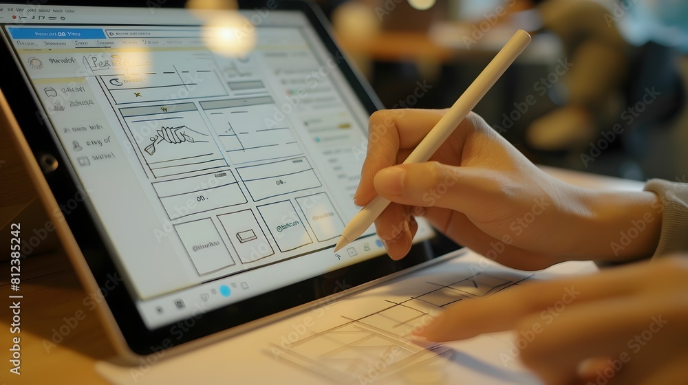 Aufkleber hands sketching website prototype on digital tablet with stylus in creative design process