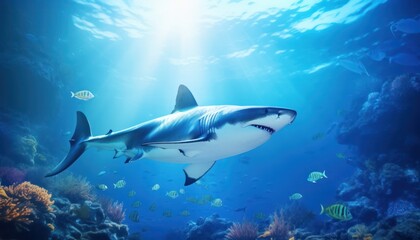 Fototapeta premium Great white shark in the ocean, portrait of White shark hunting prey in the underwater