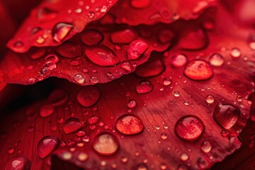 Macro photography of raindrops on vibrant red poppy petals, creating a fresh and dewy appearance.