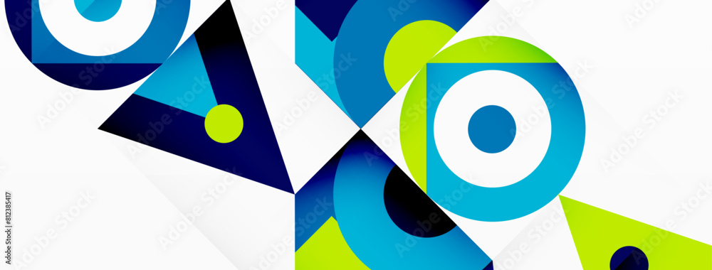 Poster an electric blue and green geometric pattern with circles and triangles on a white background, creat