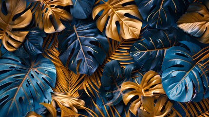 Blue and gold tropical leaves Monstera, palm, fern and ornamental plants backdrop. Exotic jungle rainforest background, luxury beach vacation travel web banner