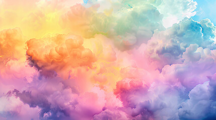 Fototapeta premium Colorful pastel background. Abstract watercolor sunset sky with fluffy clouds in bright pink, green, blue, yellow, and purple rainbow colors. Wide banner with copy space for text