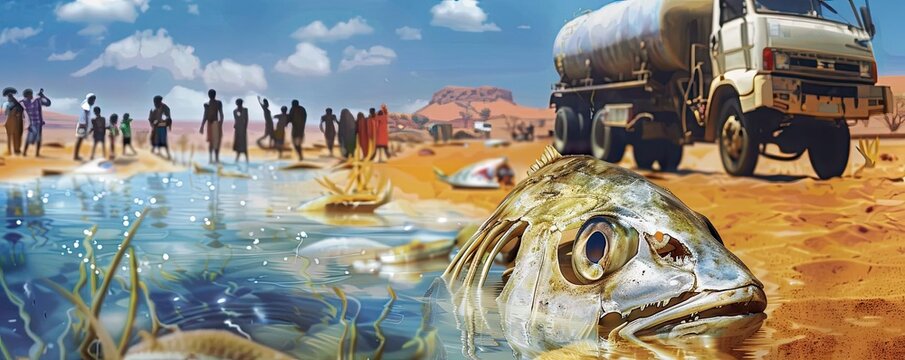 A desiccated riverbed with skeletal fish, while in the background, people line up at a tanker truck for their share of limited water resources