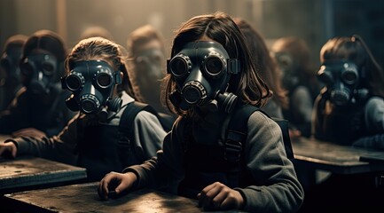 Group of children in gas masks at the school. Selective focus.
