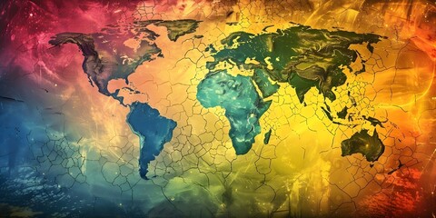 "Visual Representation of Climate Crisis: Earth's Surface Cracking and Blistering from Extreme Heat on World Map". Concept Climate Crisis, Global Warning, Extreme Heat, Earth's Surface Cracking