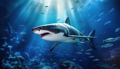 Fototapeta premium Great white shark in the ocean, portrait of White shark hunting prey in the underwater