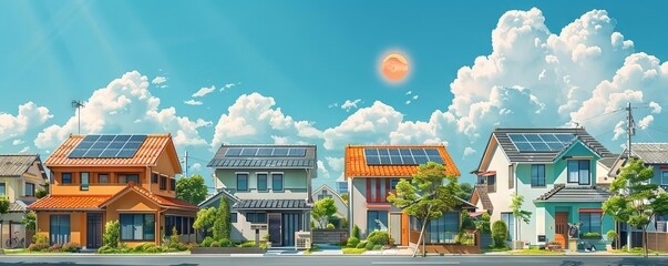 A depiction of smart homes that adjust their energy use based on peak sun hours and store excess energy for the community