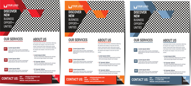 Abstract Modern Buisness  Red Flyer Template With Curved Shapes  &  3 Different color