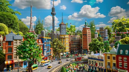 A Lego city. There are tall buildings, cars, trees, and people. The sky is blue and there are clouds.