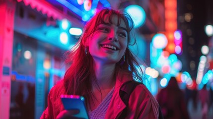 Beautiful Young Woman Using Smartphone Walking Through Night City Street Full of Neon Light, Portrait of Gorgeous Smiling Female Using Mobile Phone