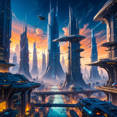 A futuristic city with towering skyscrapers and spires reaching into a vibrant, colorful sky. The city is surrounded by a body of water with floating platforms and bridges connecting the various struc