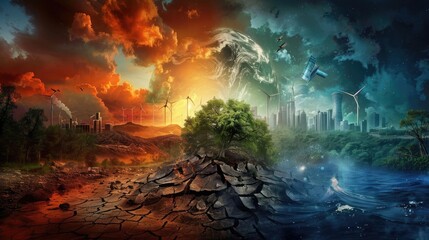 Fototapeta premium A graphical display of climate change, portraying a cracked landscape transitioning from lush greenery to barren land, with wind turbines and solar panels on the horizon