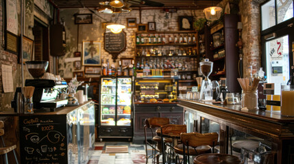 Naklejka premium Experience the cozy charm of a cafe and bistro, where aromatic coffee and delicious pastries await.