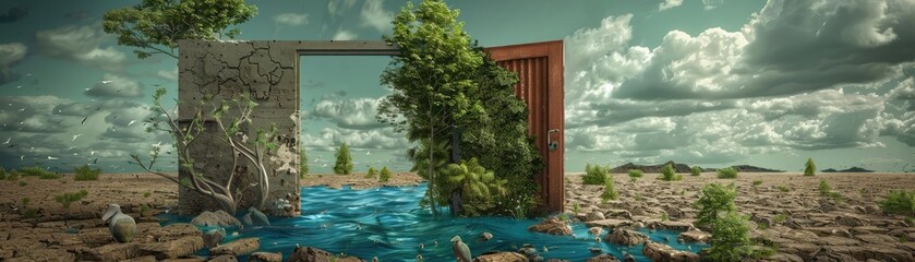 A metaphorical door opening to reveal the effects of climate change one side shows a verdant, thriving ecosystem, the other a bleak, droughtstricken desert