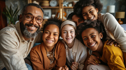 Fototapeta premium Extended multiethnic family together at home during video call. People happiness technology concept.