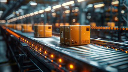 cardboard box on conveyor belt in warehouse at night, freight transportation concept