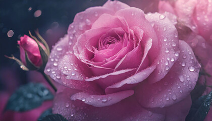 pink rose petals with water drops against dark background