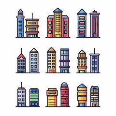 Obraz premium The image shows a set of colorful buildings in a simple and modern style. The buildings are of different heights and have different colors.