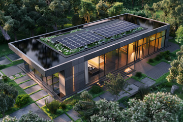 A modern house with solar panels on the roof, showcasing sustainable energy technology