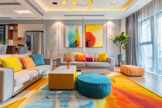 Modern living room with colorful sofa and abstract art. Bright, contemporary decor and natural light