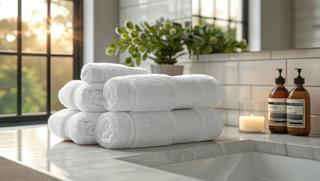 Emphasize the versatility of blank home essentials: A pristine white towel, softly illuminated, suitable for any bathroom decor or style.