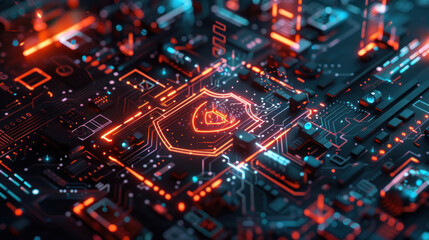 Obraz premium Immerse yourself in the world of cybersecurity with a visually compelling depiction featuring a digital shield emblem surrounded.