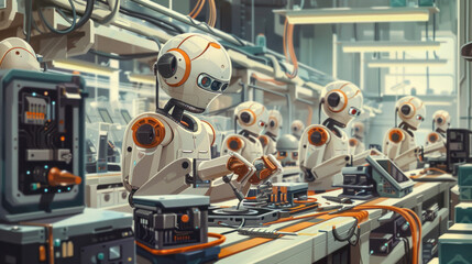 In the bustling electronics factory, robot, the skilled electrical engineer, focuses on assembling intricate components. Realistic.