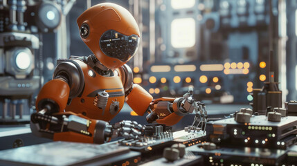 In the bustling electronics factory, robot, the skilled electrical engineer, focuses on assembling intricate components. Realistic.