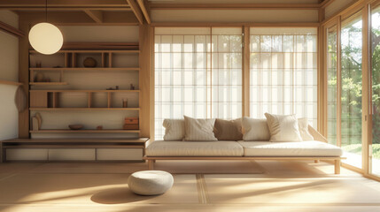 Fototapeta premium Japan Style Living Room. Minimalist Interior With Sofa, Shelves and Natural Light.