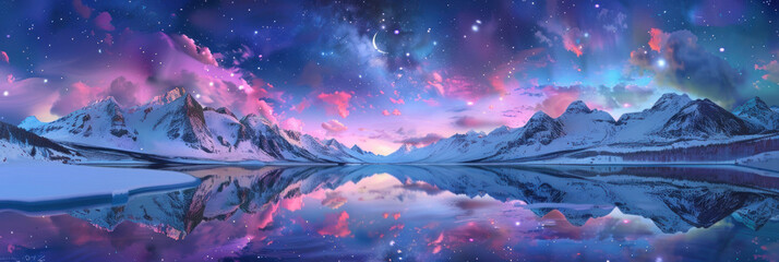 Magical Winter Scene Panorama. Snow-Covered Mountains Reflected in a Calm Lake under a Starry Sky with a Crescent Moon and Colorful Clouds Fantasy Art/Illustration.