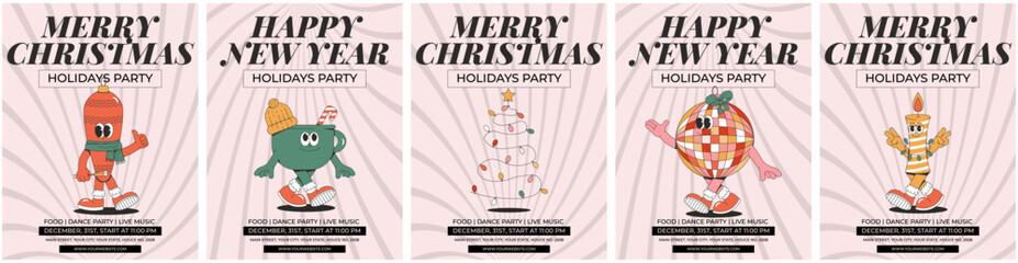 Merry Christmas and Happy New year party invitation set. Playful and cheeky character in trendy groovy style. Retro elements and shapes. Vector illustration © Dukhanina Ekaterina