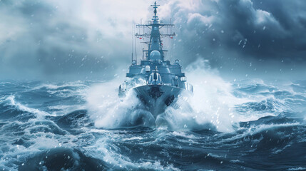 Obraz premium Modern Navy Destroyer on Patrol. Military Defense and Security Concept. Naval Vessel Navigating Rough Seas.