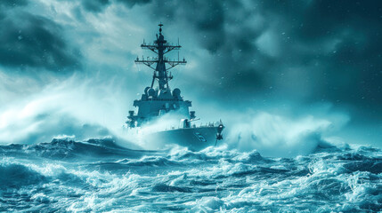 Modern Navy Destroyer on Patrol. Military Defense and Security Concept. Naval Vessel Navigating Rough Seas.