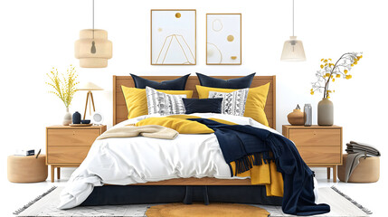 Cozy Scandinavian Bedroom Interior with Mustard and Navy Accents - obrazy, fototapety, plakaty