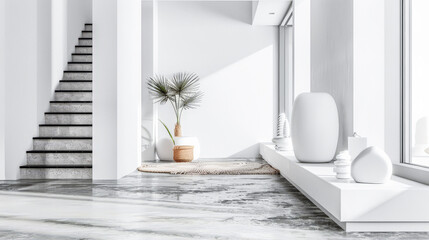 Scandinavian minimalist interiors composition with minimal furniture and neutral tones.