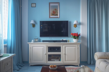 An AI generative image of simple decoration of family hall during daytime with baby blue wall.